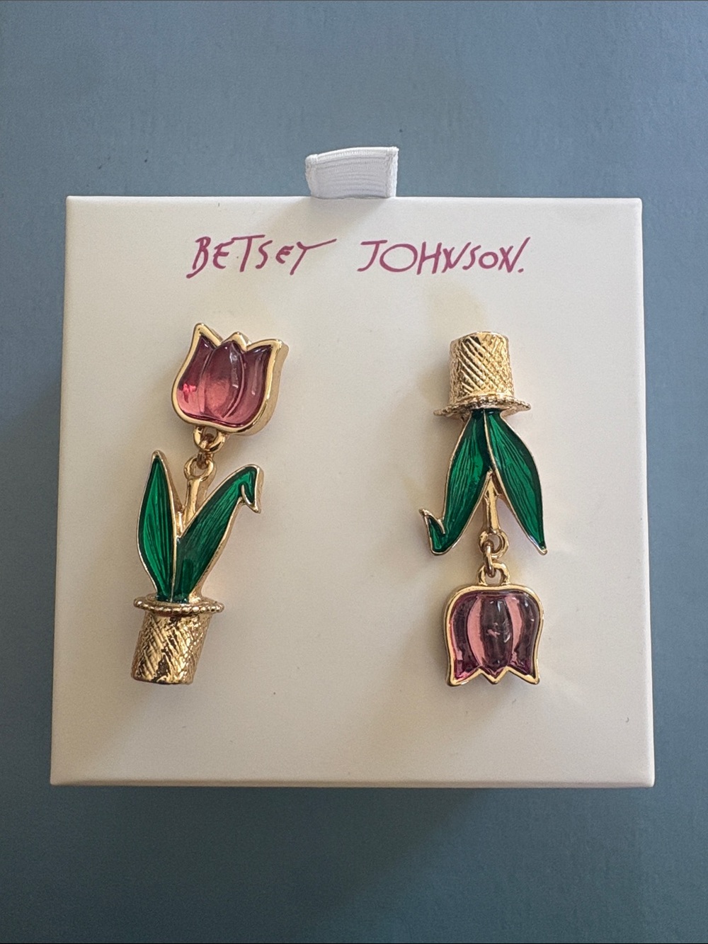 Betsey Johnson Pink and Green Gold-Tone Mismatched Tulip Drop Earrings